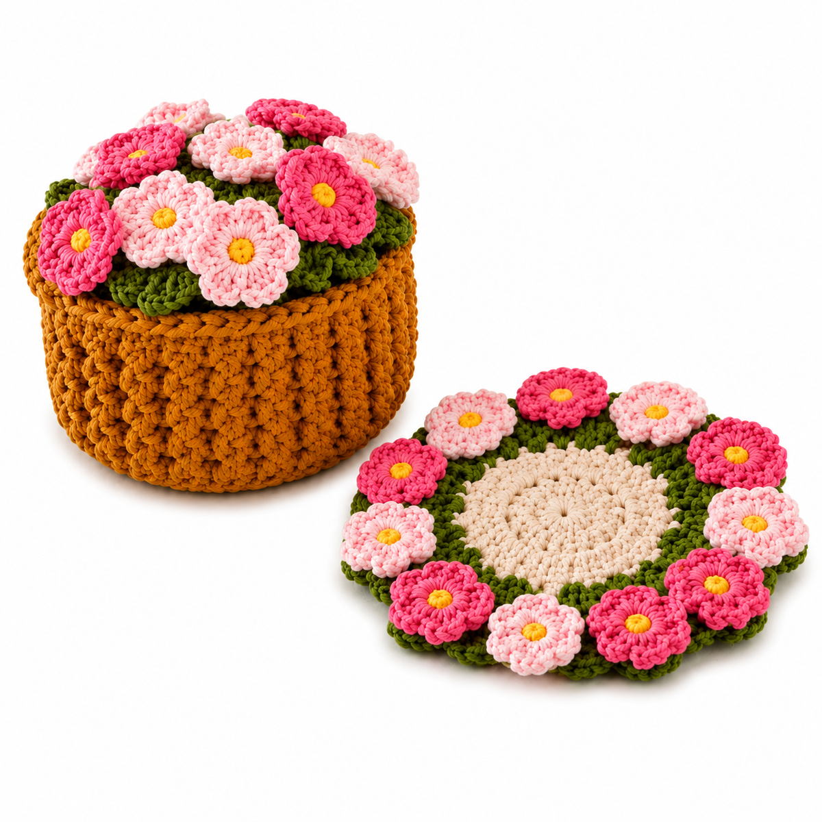 Handmade Crochet Forget-Me-Not Flower Coaster Set with Basket