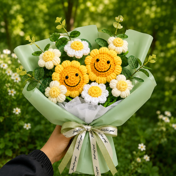 Handmade Smiling Crochet Sunflower Bouquet