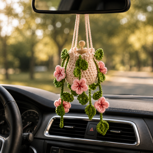 Handmade Crochet Cherry Blossom Hanging Car Diffuser