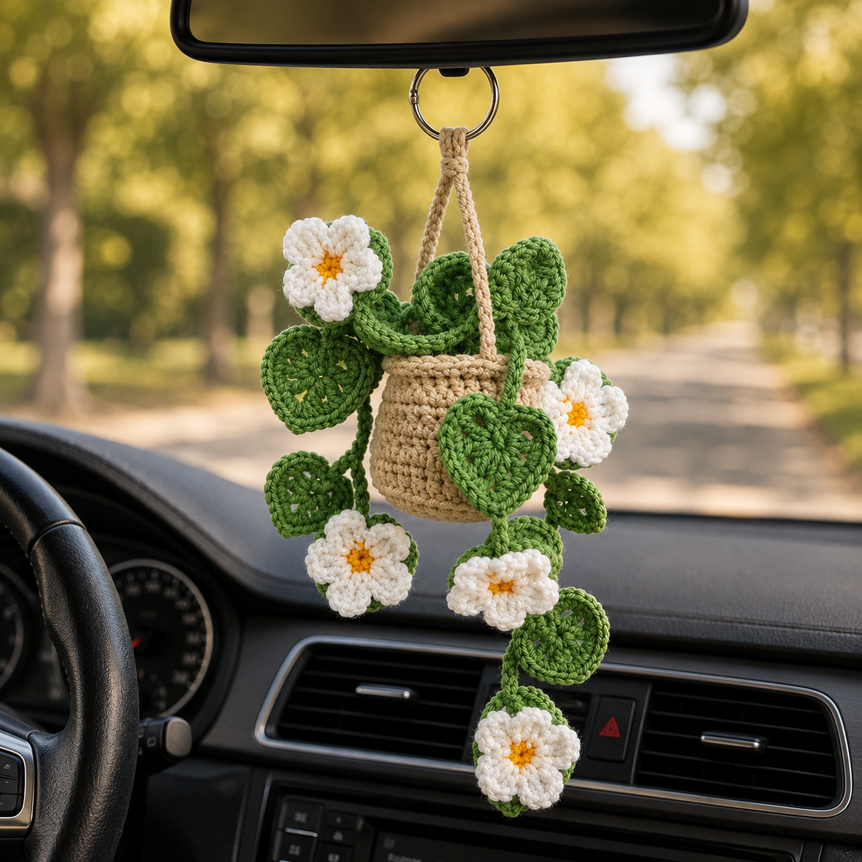 Handmade Crochet Daisy Hanging Plant Car Charm