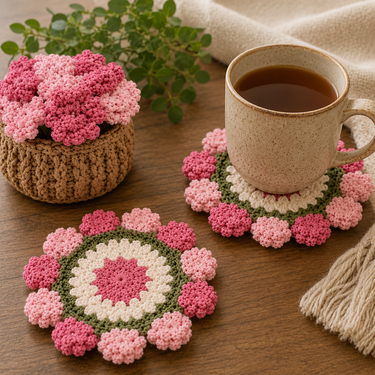 Handmade Crochet Flower Bouquet Coaster Set
