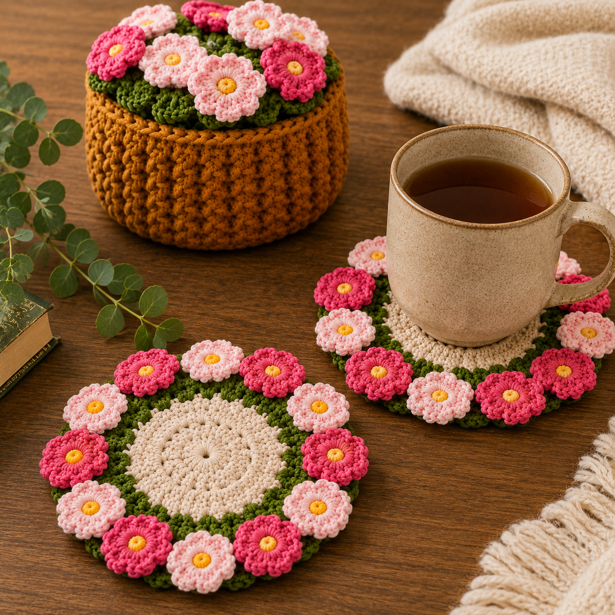 Handmade Crochet Forget-Me-Not Flower Coaster Set with Basket
