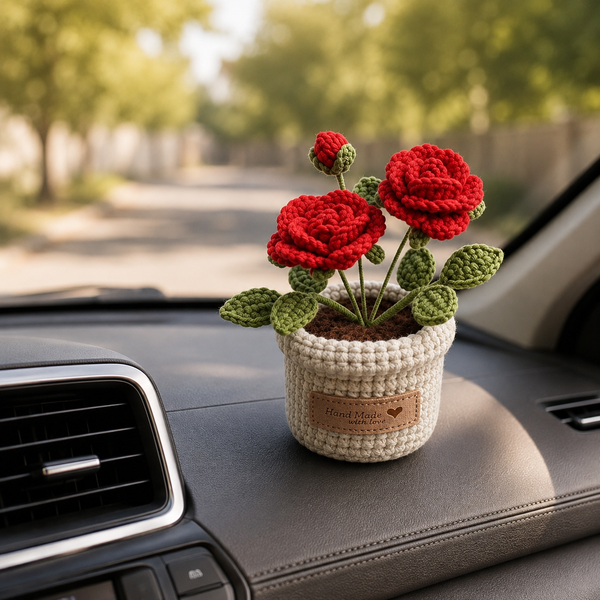 Handmade Crochet Red Rose Flower Pot
