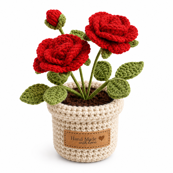 Handmade Crochet Red Rose Flower Pot