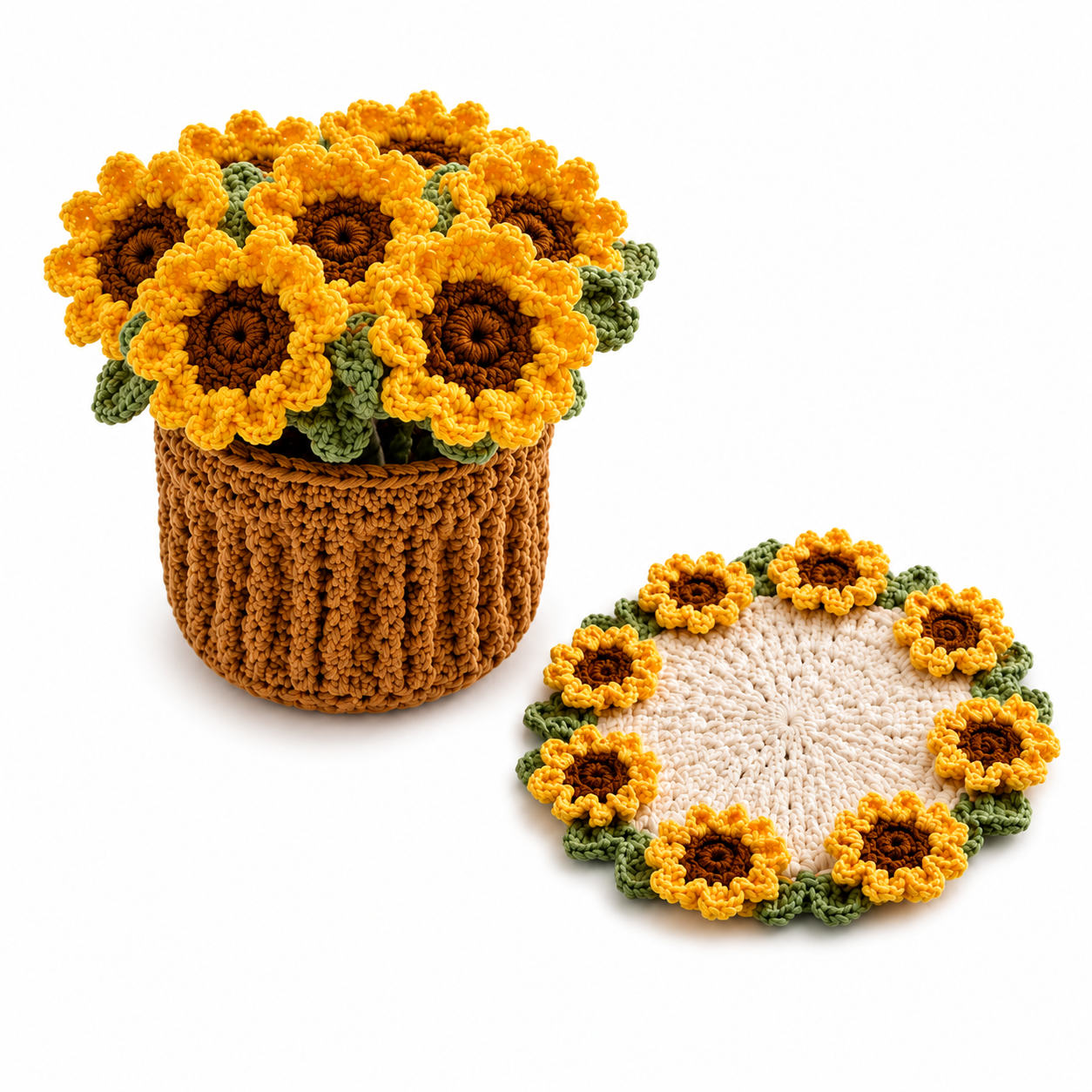 Handmade Crochet Sunflower Coaster Set with Flower Pot