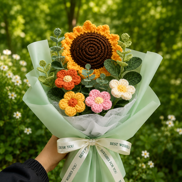 Handmade Crochet Sunflower & Daisy Bouquet with LED Lights