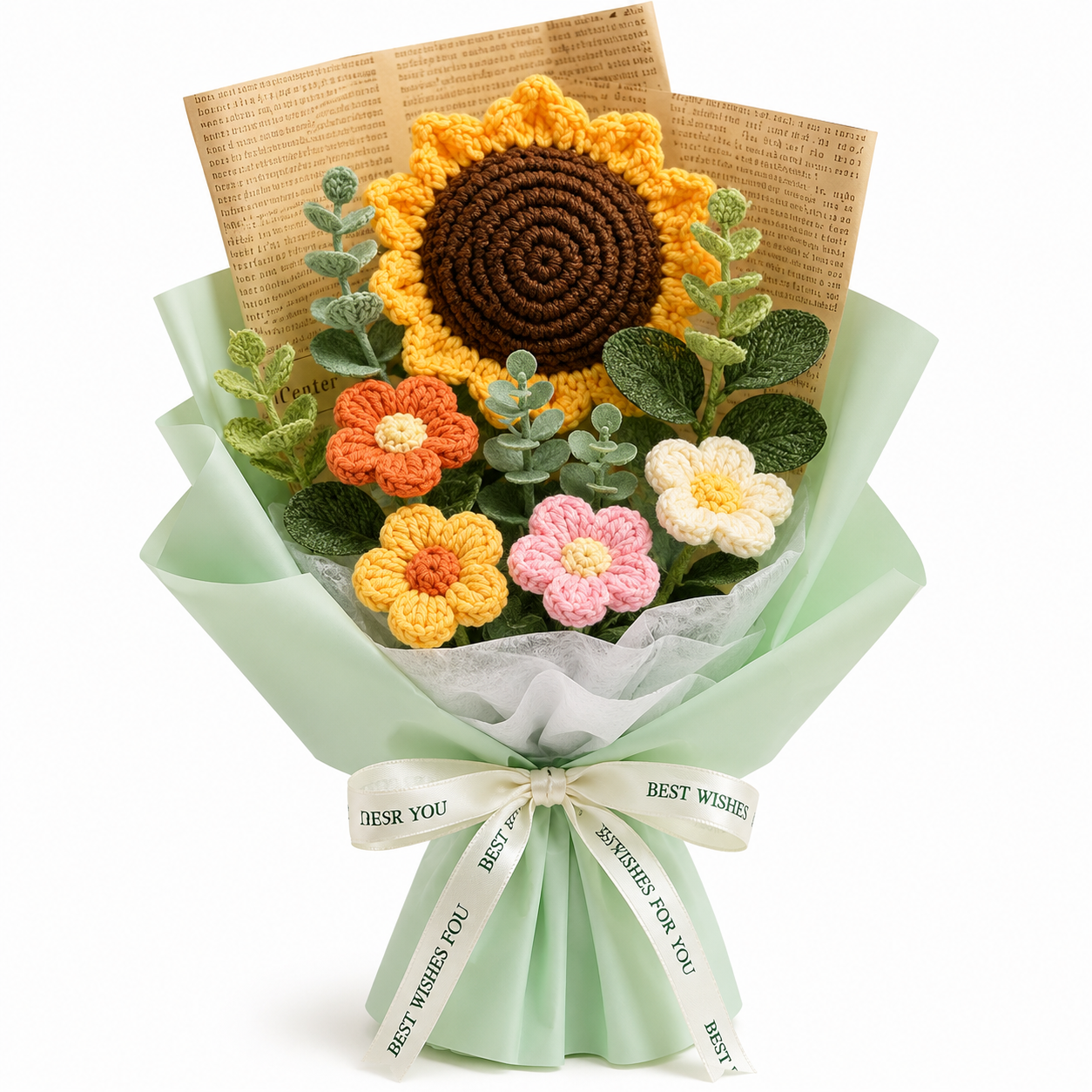 Handmade Crochet Sunflower & Daisy Bouquet with LED Lights