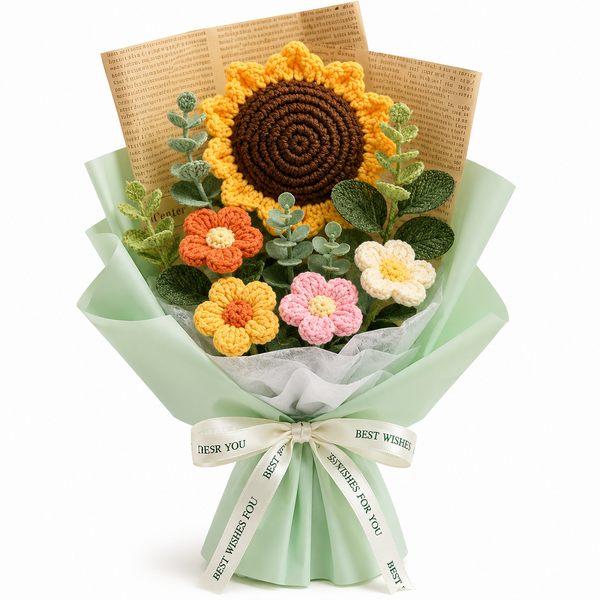Handmade Crochet Sunflower & Daisy Bouquet with LED Lights