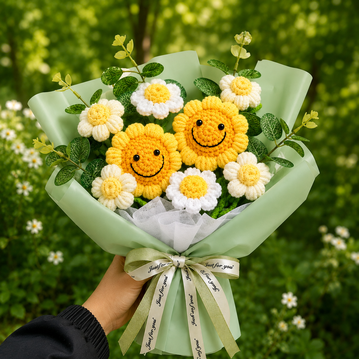 Handmade Smiling Crochet Sunflower Bouquet